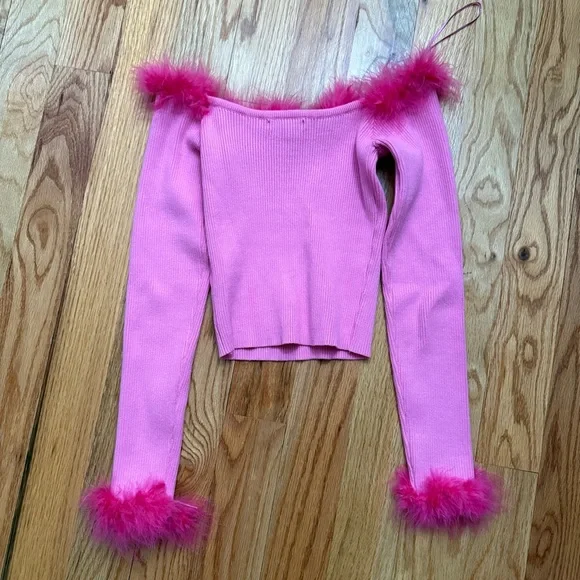 Pink Off-Shoulder Top Feather Trim These Three Boutique Valentines Day Top Med - Picture 3 of 6